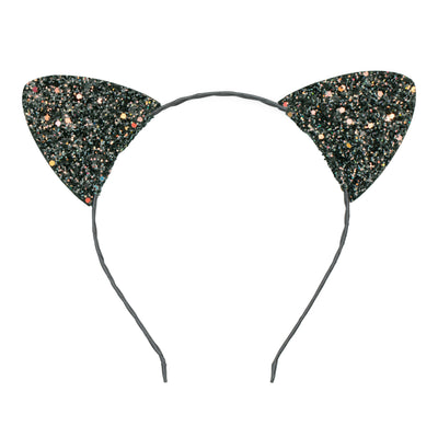 Glittery black cat ears with sateen ribbon covered headband
