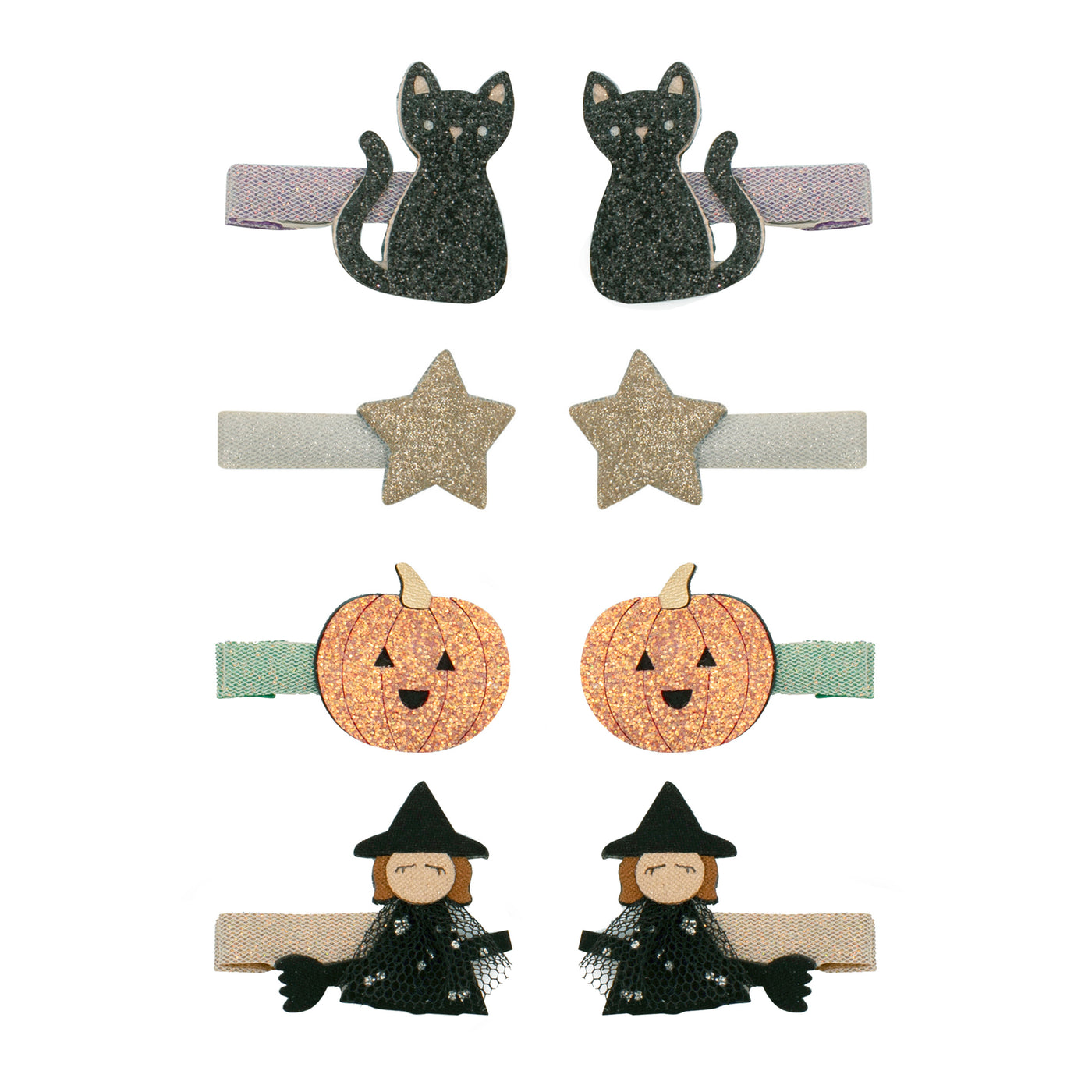Cute halloween mini clips featuring glittery black cat clips, gold glittery stars, smiling orange glittery pumpkin and a flying witch on a broom with a tulle skirt