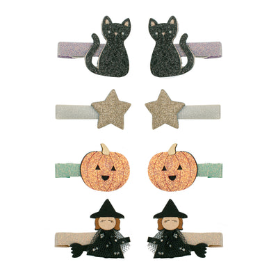 Cute halloween mini clips featuring glittery black cat clips, gold glittery stars, smiling orange glittery pumpkin and a flying witch on a broom with a tulle skirt