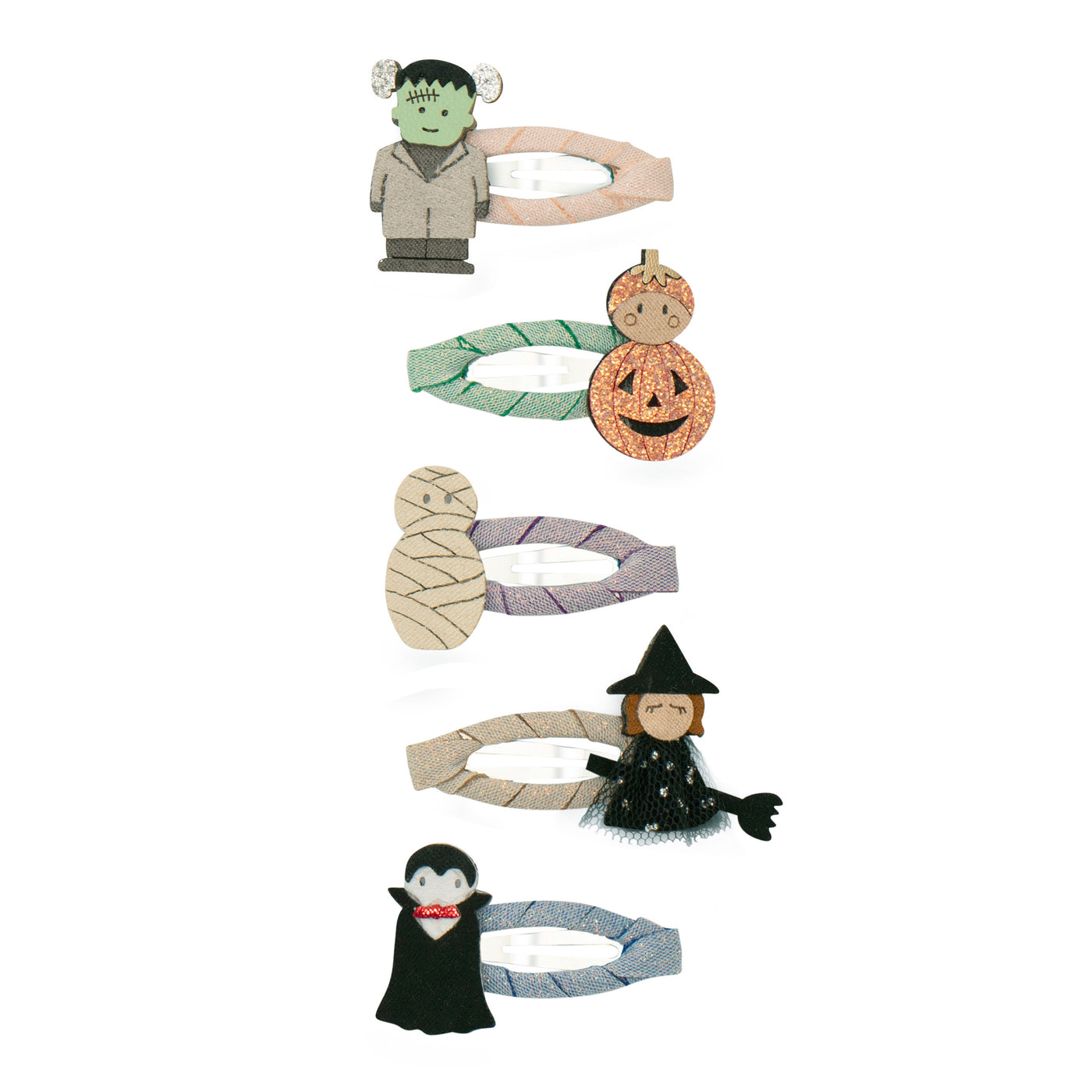 Selection of cute monster mini clic clacs featuring- frankenstien - a mummy- orange pumpkin- sparkly ghost- witch on a broom- Dracula