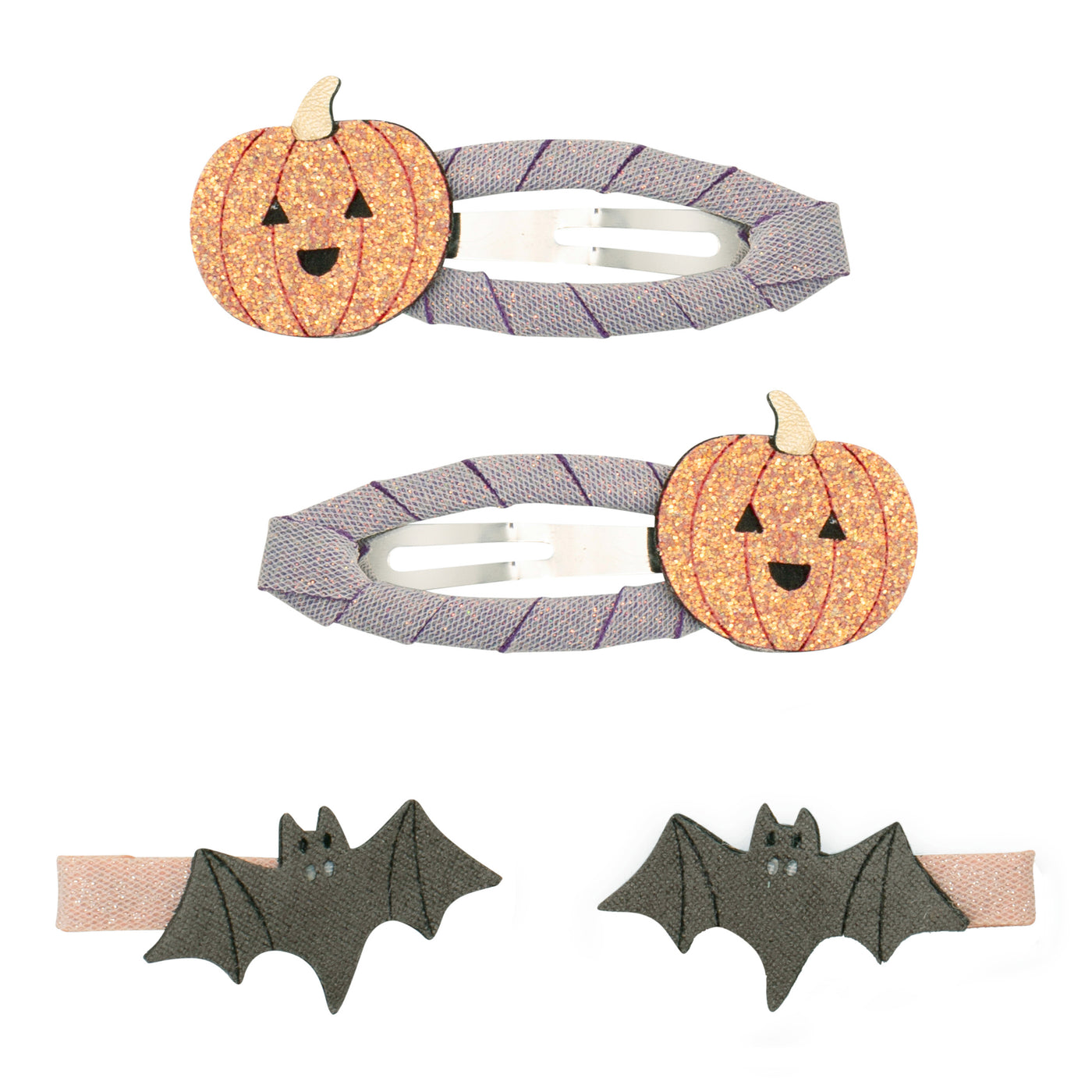 Purple clic clac with sparkly orange pumpkin- pink bat mini clip with black bat 
