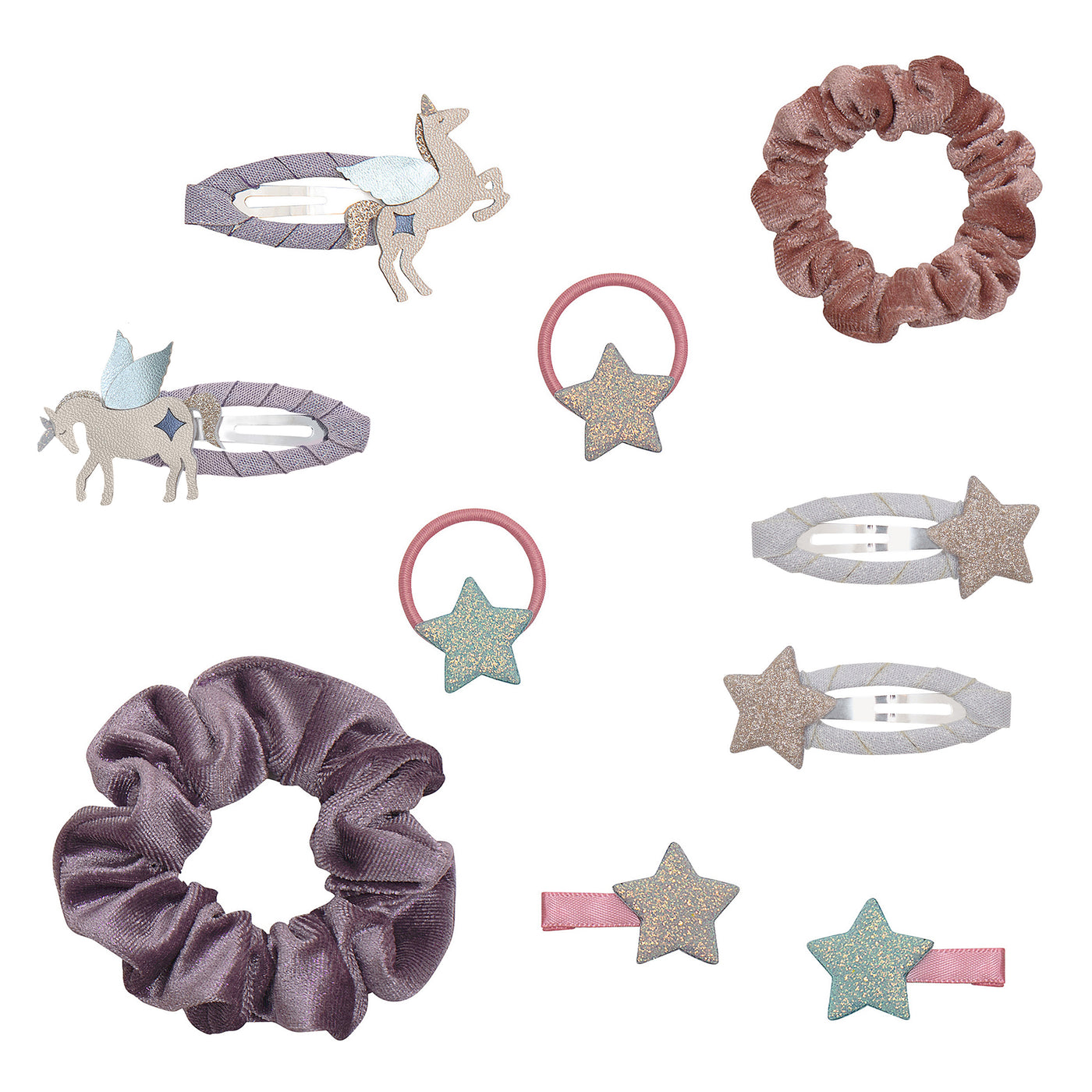 Unicorn sparkle pouch contents- 1 large purple velvet scruchie- 1 small pink velvet scrunchie- glittery star mini ponies- purple star and unicorn glittery clic clacs- pink star mini clips