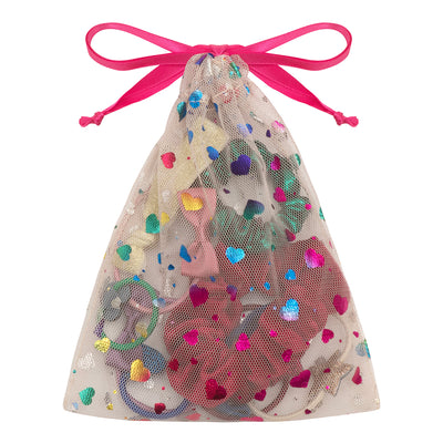 Pink bright sparkle tulle pouch with rainbow foil stars and a bright pink ribbon drawstring closure- perfect for gifting