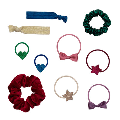 Contents of the bright sparkle pouch - Large red scrunchie- small green scrunchie- bow and star ponies- blue and green glittery heart mini ponies- sparkly elastic ponies