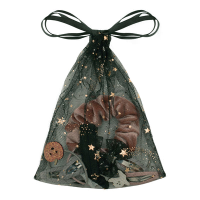 Black tulle halloween pouch with gold foil stars and a ribbon drawstring closure- perfect for gifting