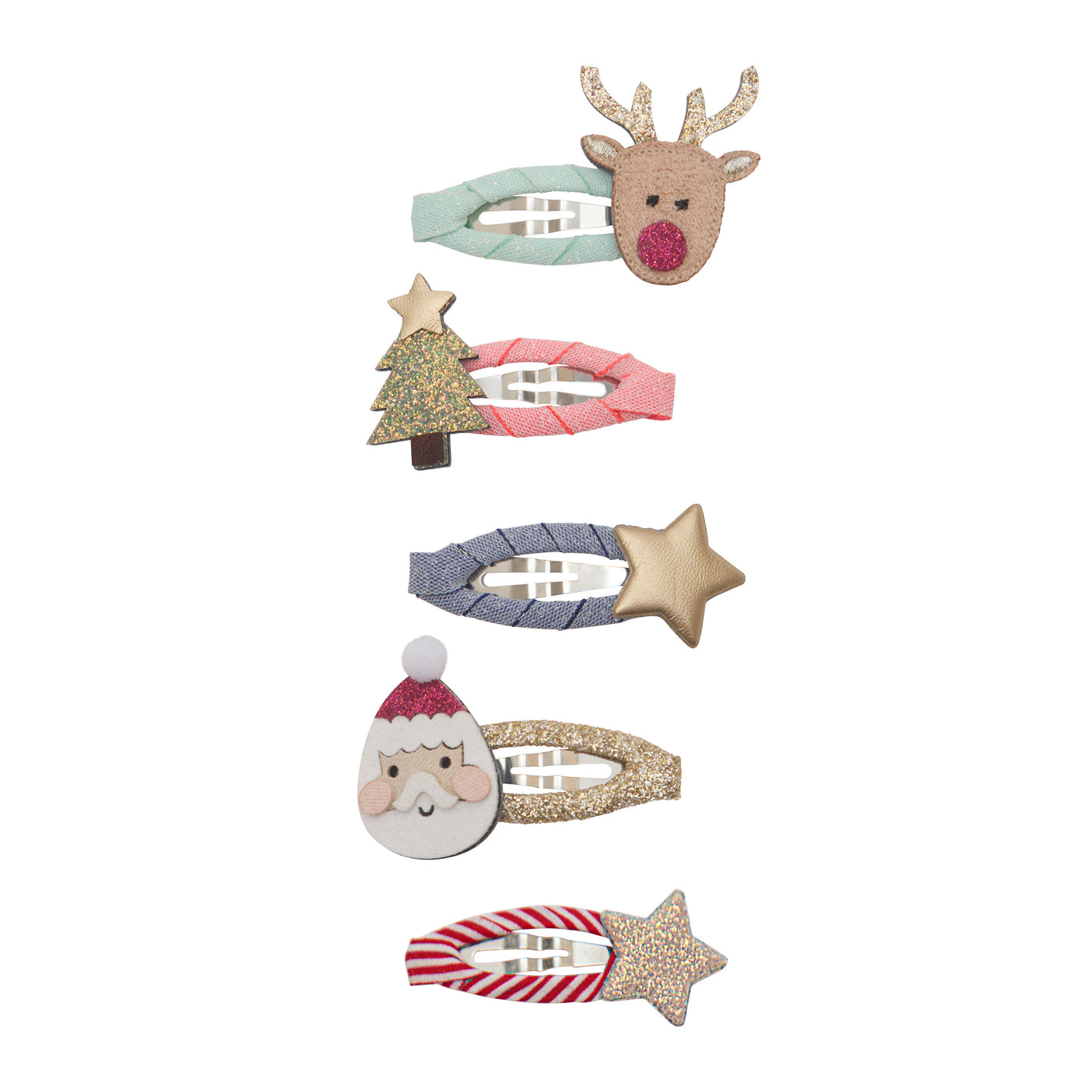 Christmas clic clac  set featuring  green clip with Rudolph- bright christmas tree clip with glittery green tree-blue and gold star clip-sparkly gold clip with santa- candy cane clip with glittery star
