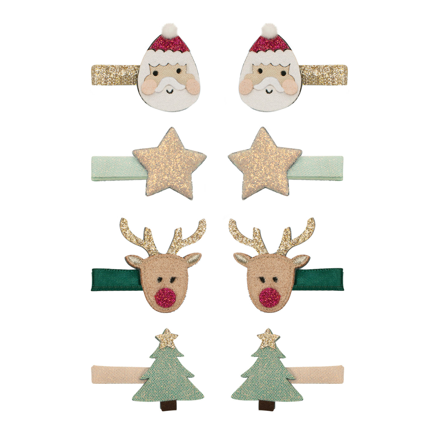 Santa and Rudolph mini clips with gold santa clip, glittery gold star clip, green rudolph clip, and a blush christmas tree clip with green christmas tree