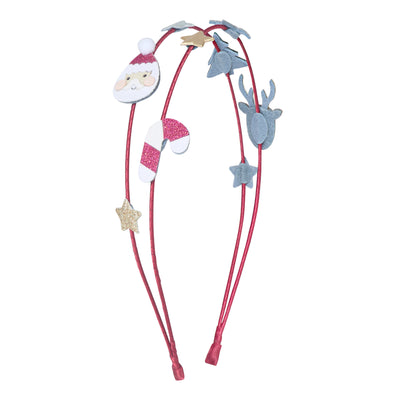 Red Santa and Rudolph christmas alice band featuring Santa, candy cane, stars, Christmas tree and Rudolph 