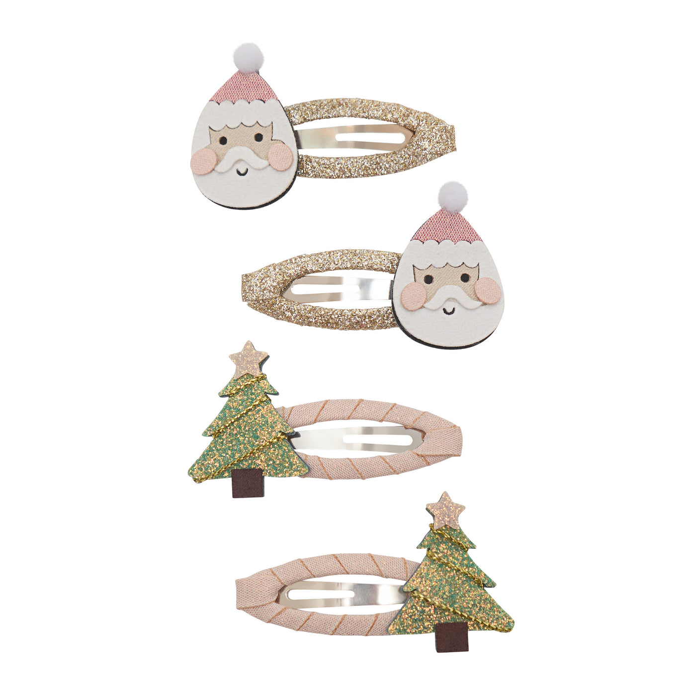 Santa claus and christmas tree clic clac set featuring glittery gold clic clacs with Santa face and Pink clic clacs with sparkly green christmas trees