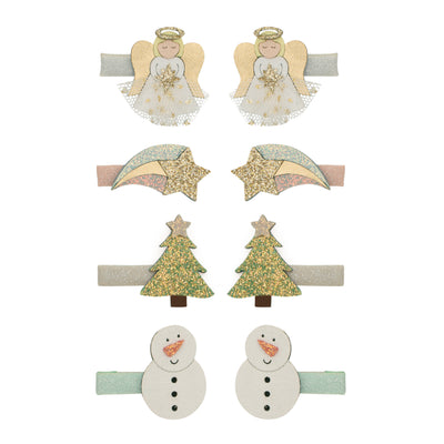 Christmas angel mini clips with tulle angel clips- glittery shooting star clips- glittery green christmas tree clips- snowman clips
