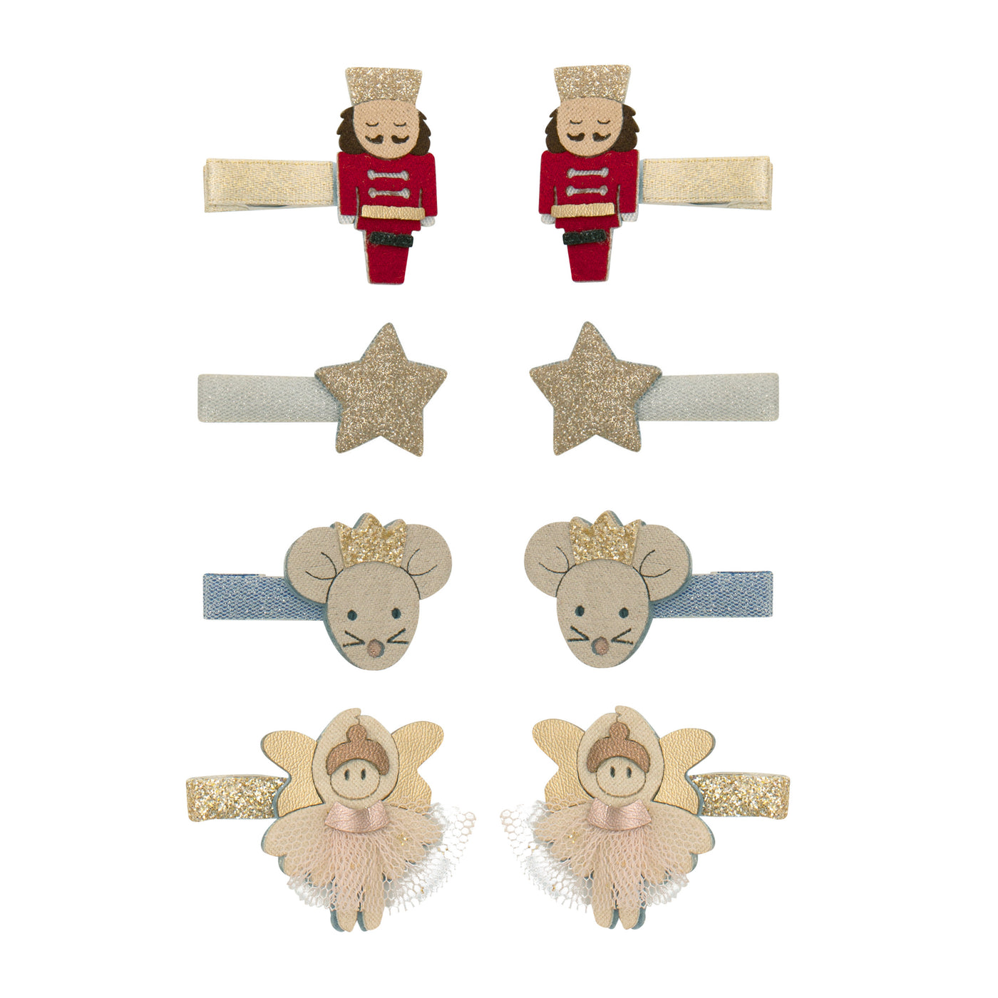 Set of nutcracker mini clips, nutcracker with red uniform, gold star, princess mouse, blush pink ballerina