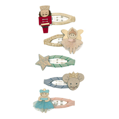 Set of nutcracker clic clacs, gold nutcracker with red uniform, glittery pink ballerina, glittery blue star, princess mouse and blue ballet dancer