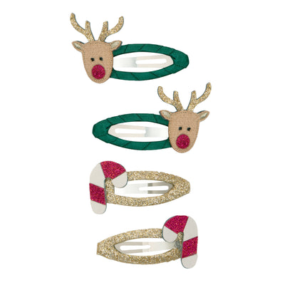 Green Rudolph clic clacs with glitter nose and antlers- Glittery gold candy cane clic clacs