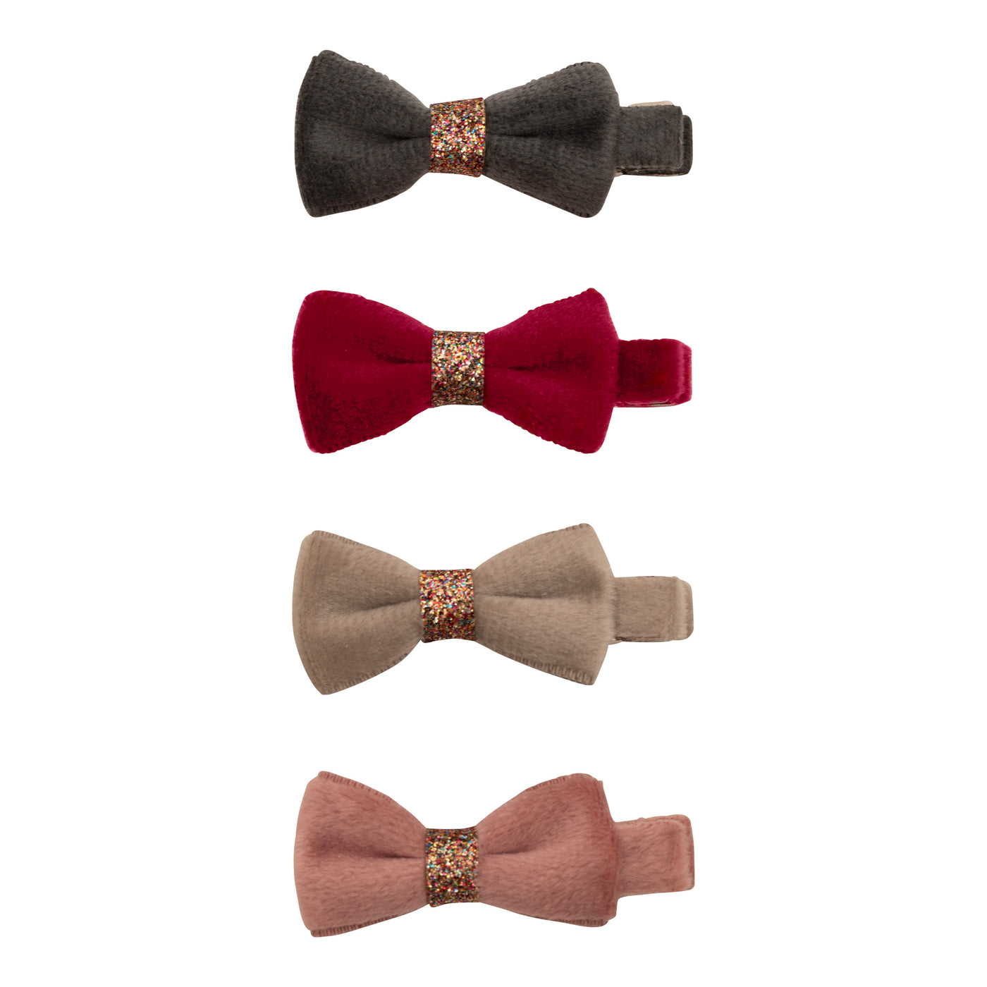 Velvety christmas bow clips with glitter in pink, green, red and beige