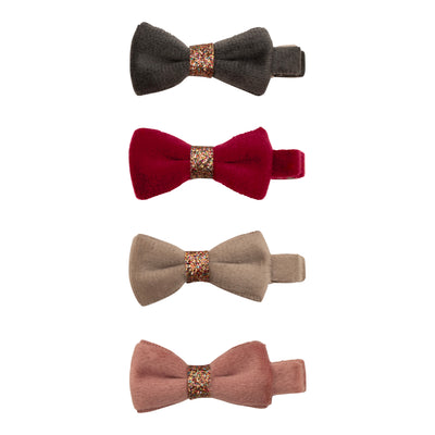 Velvety christmas bow clips with glitter in pink, green, red and beige