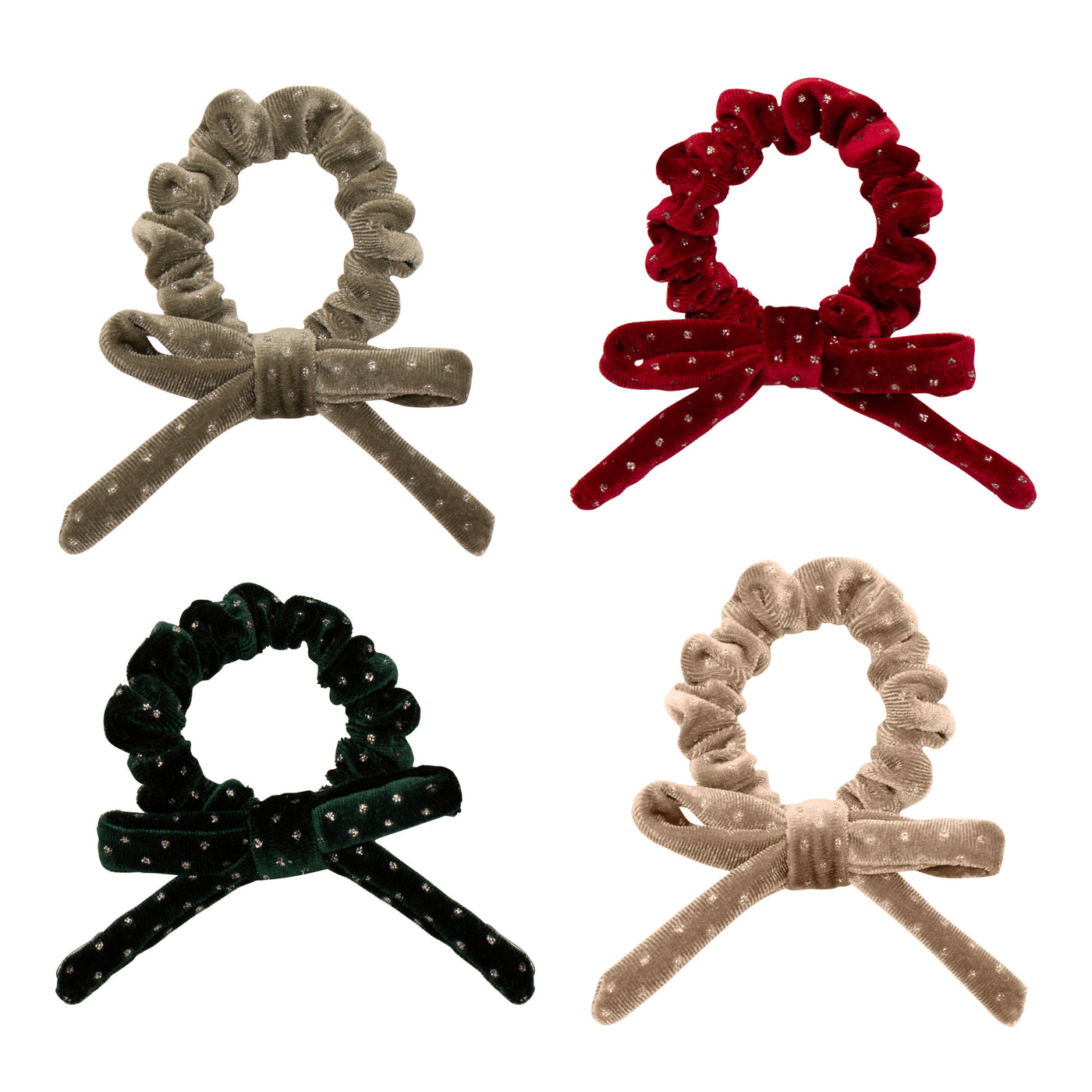 Christmas velvet bow scrunchies with gold glitter in beige, dark green and berry red