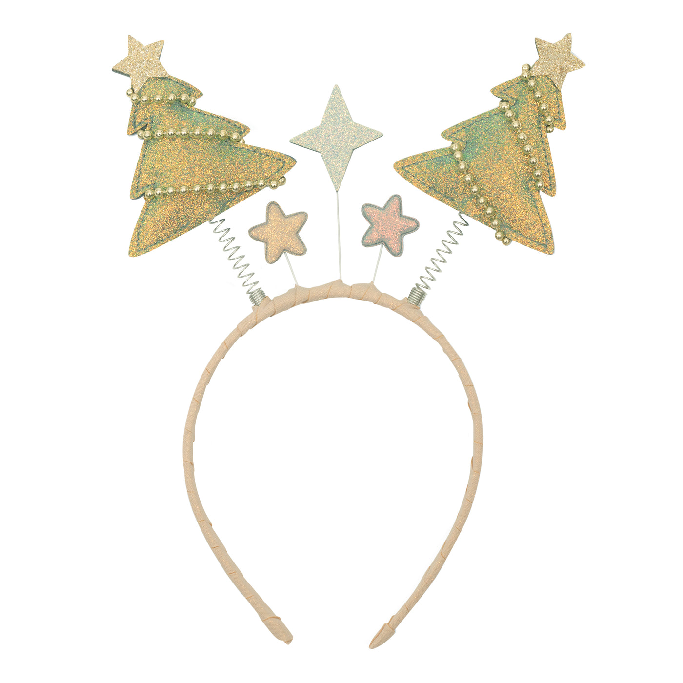 Christmas tree bopper headband- with glittery green christmas trees complete with gold bead detail- ribbon covered headband