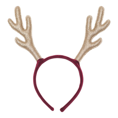 Rudolph Christmas headband with gold antlers and red ribbon band
