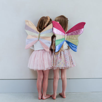 Two children wearing colourful fairy wings against a plain background