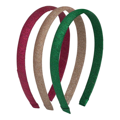 set of three glittery Christmas headbands in gold, red and green