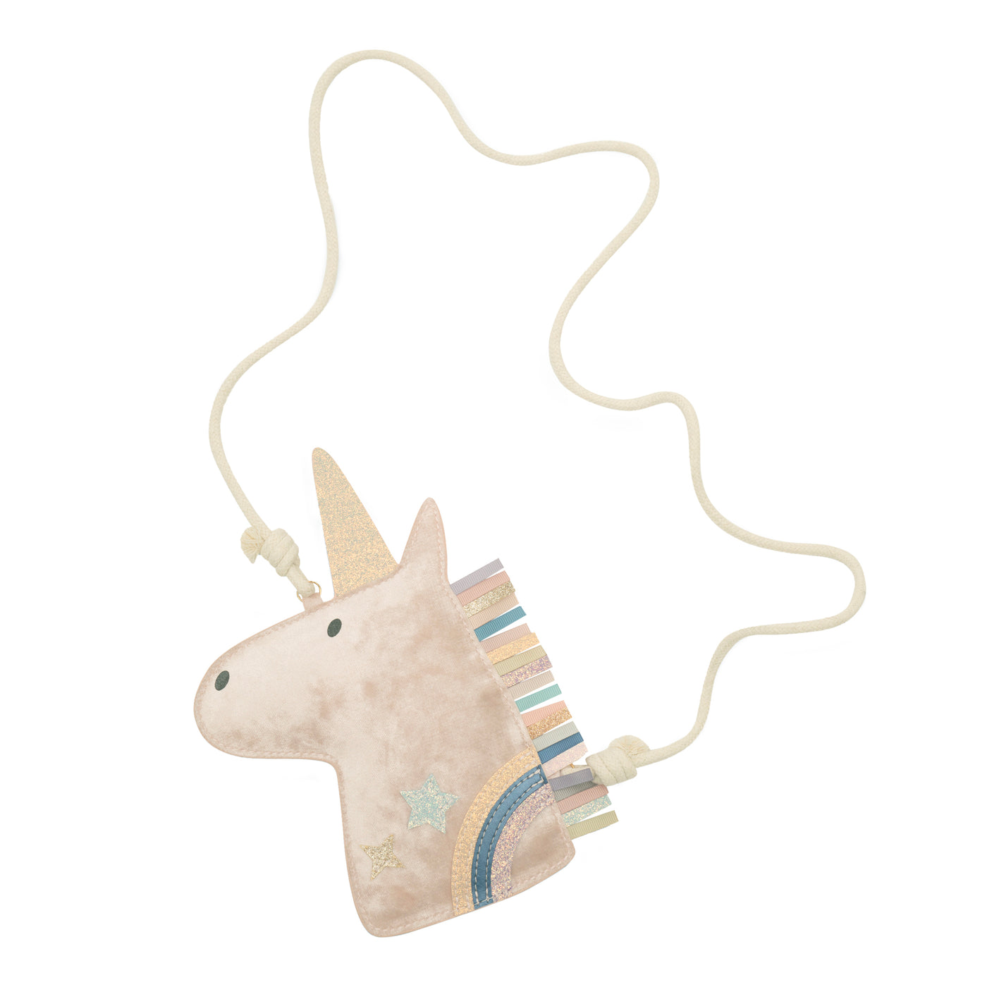 Blush pink velvet unicorn bag with glittery horn and pastel ribbon mane- cross body cord strap