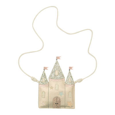 PU enchanted castle bag in gold - cream cord cross body strap- glittery castle spires with pink flags- window and door detailing complete with stars 