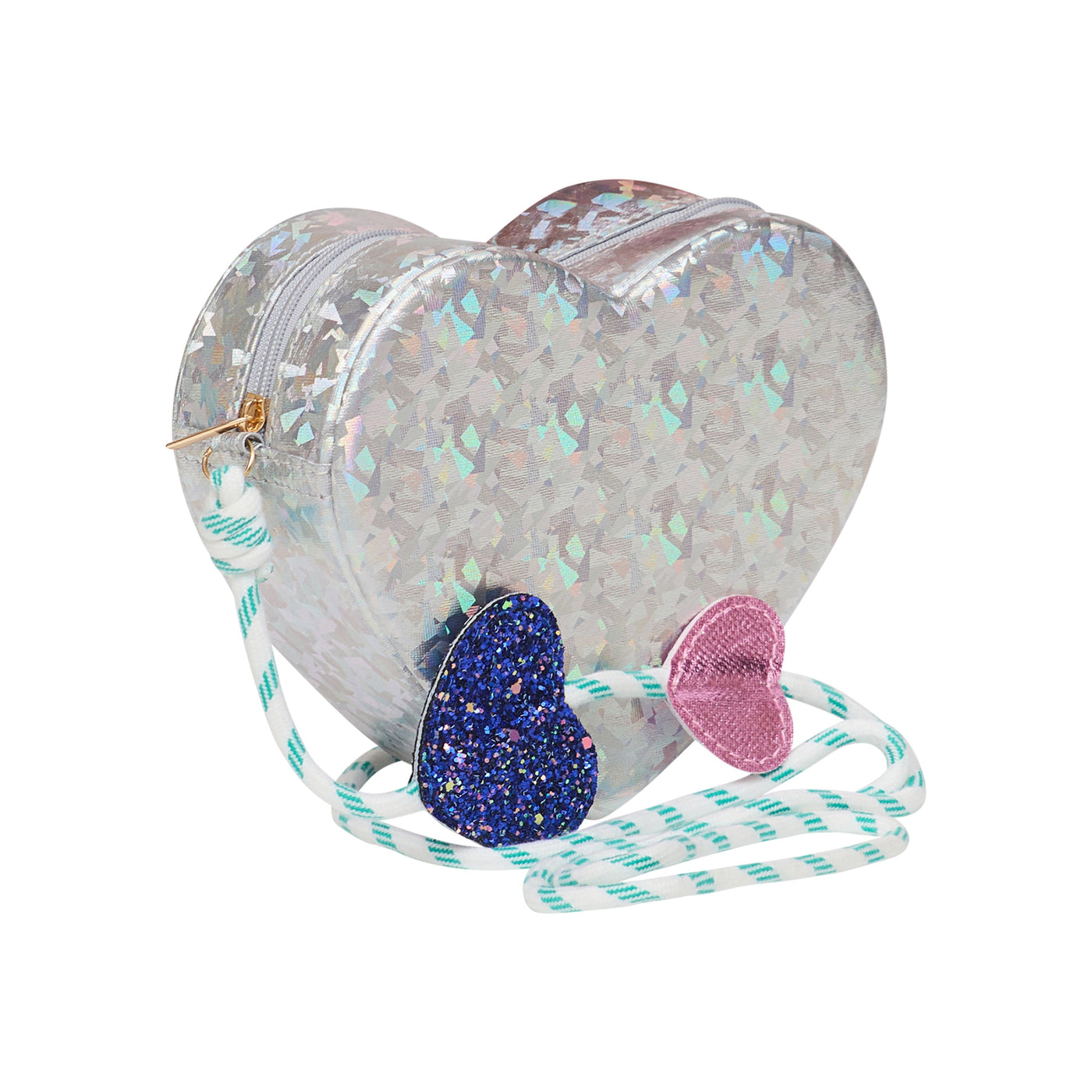 Silver holographic heart bag- zip closure- rope strap with blue glittery heart and pink heart detailing
