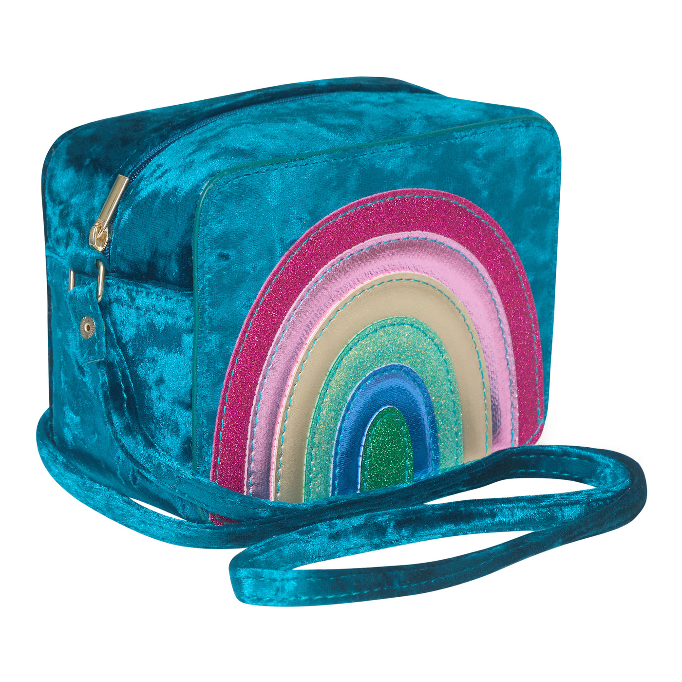  Radiant blue rainbow velvet bag with sparkly PU rainbow- zip closure- cross body strap