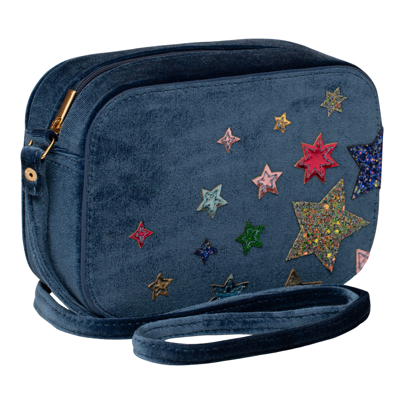 Navy Velvet night sky bag- cross body strap- zip closure- glittery and holographic star detailing