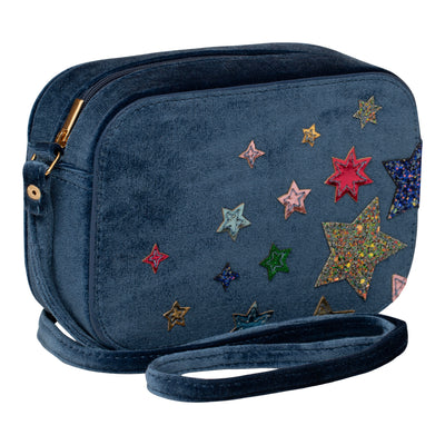 Navy Velvet night sky bag- cross body strap- zip closure- glittery and holographic star detailing