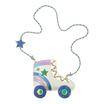 Roller skate cross body bag with cord strap featuring a glittery star- PU roller skate with glittery applique's - colourful cord laces 