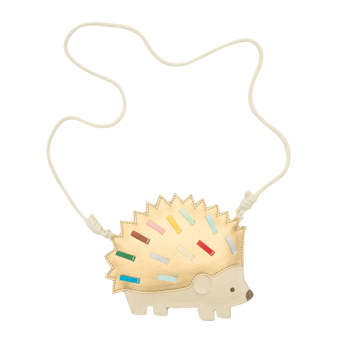 Harry hedgehog bag in a gold and cream leatherette material with multi coloured ribbon spikes- cream rope cord strap