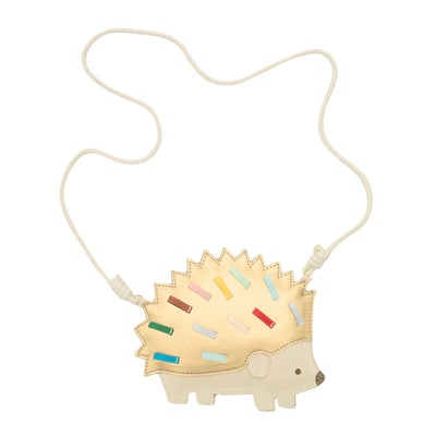 Harry hedgehog bag in a gold and cream leatherette material with multi coloured ribbon spikes- cream rope cord strap