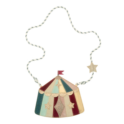Circus tent cross body bag- cord strap with glittery star - colourful striped circus tent with red flag and glitter detailing 