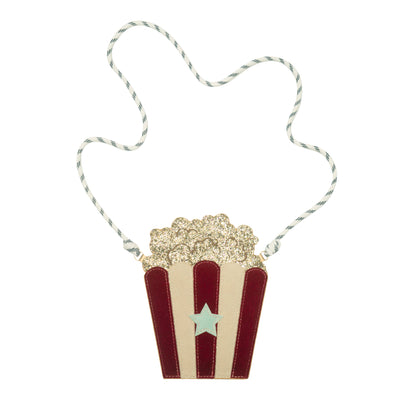 Popcorn crossbody bag- with cord handle- red and beige fabric detailing with a mint green star-gold glitter popcorn