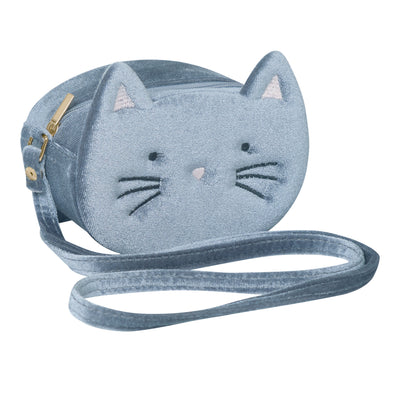 Soft grey velvet kitty cat bag complete with cute ears and stitched face detail- zip closure- cross body strap