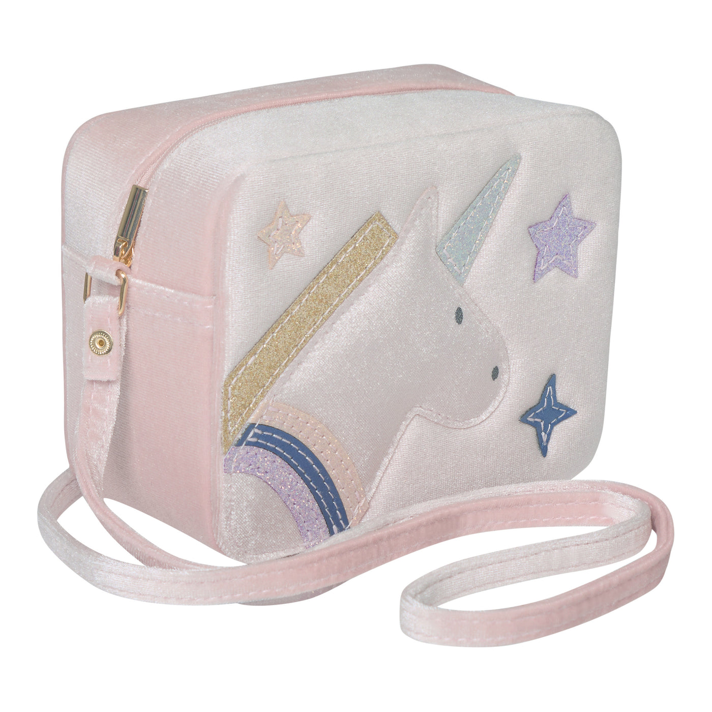 Blush pink velvet unicorn box bag- zip closure- cross body strap- glittery unicorn  and star detail