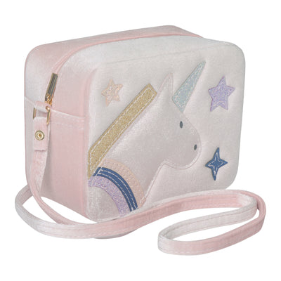 Blush pink velvet unicorn box bag- zip closure- cross body strap- glittery unicorn  and star detail