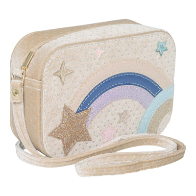 Beige celestial star velvet bag- with shooting star and star applique's in a leatherette fabric- cross body strap- zip closure
