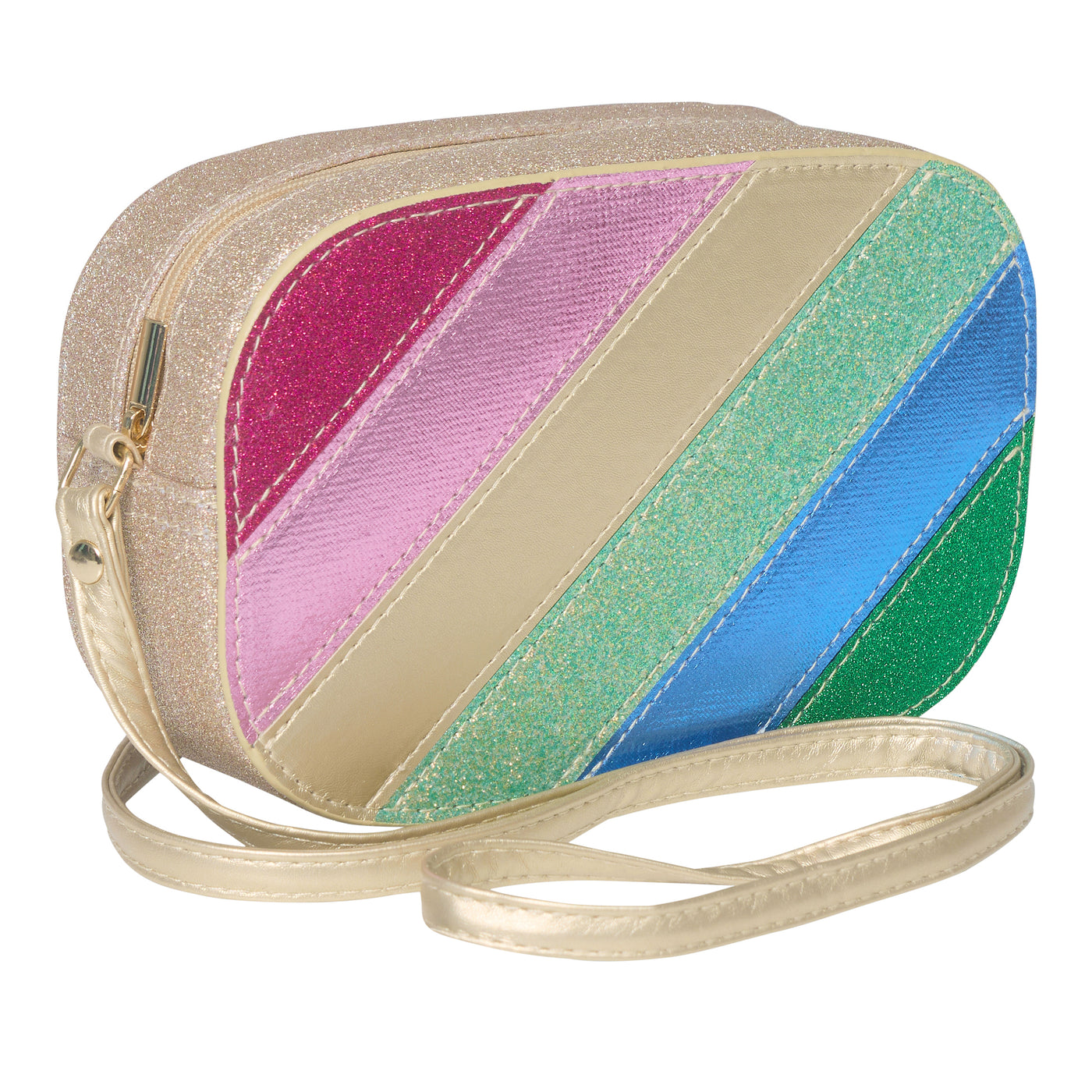 Dazzler rainbows stripe bag in gold- rainbow stripes in glittery and leatherette fabrics-zip closure- cross body strap