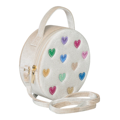 Cream velvet jazzy heart bag- multi coloured hearts- zip closure- featuring a grab handle and a cross body strap