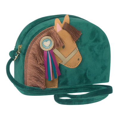 Green velvet pony pal bag with green velvet strap- brown pony with mane and bridle- featuring a rosette applique with ribbons