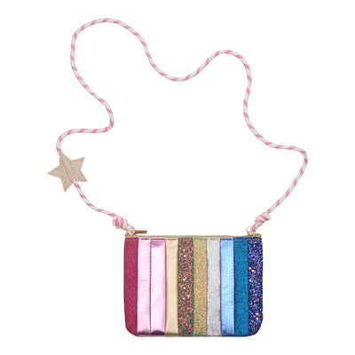Dancing queen rainbow stripe bag- with glitter and pleather stripes- with pink and white cord- gold glittery star on cord