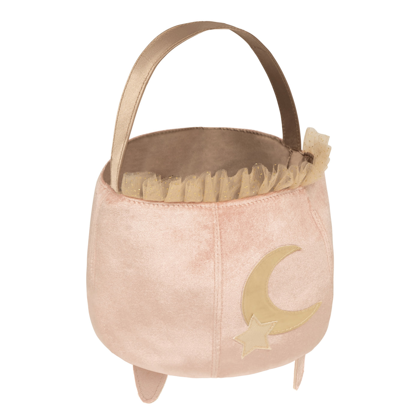 Velvet blush pink cauldron trick or treat bag with gold handle and gold moon and star applique and gold tulle ruffles