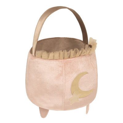 Velvet blush pink cauldron trick or treat bag with gold handle and gold moon and star applique and gold tulle ruffles
