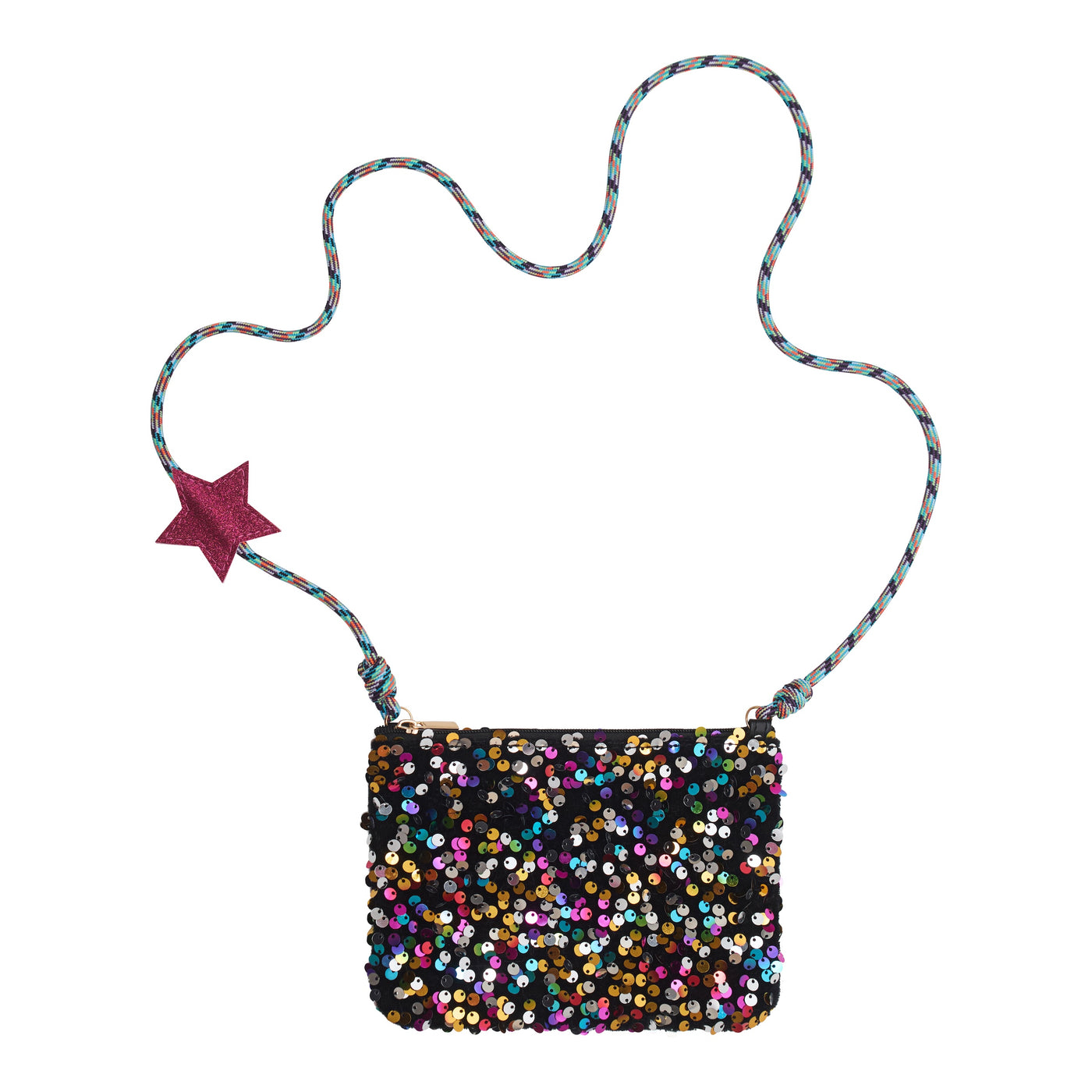 Multi colour sequin disco diva cross body bag- with pink sparkly star- adjustable cord strap 