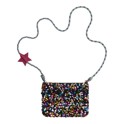 Multi colour sequin disco diva cross body bag- with pink sparkly star- adjustable cord strap 