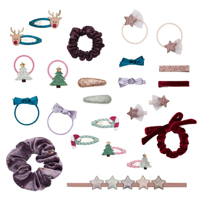 Christmas advent calendar contents-
two small scrunchies- one large velvet scrunchie- four christmas clic clacs- two mini chrismas tree clic clacs- sparkly clic clacs- christmas hair bands- bow hair bands - bow hair clips 