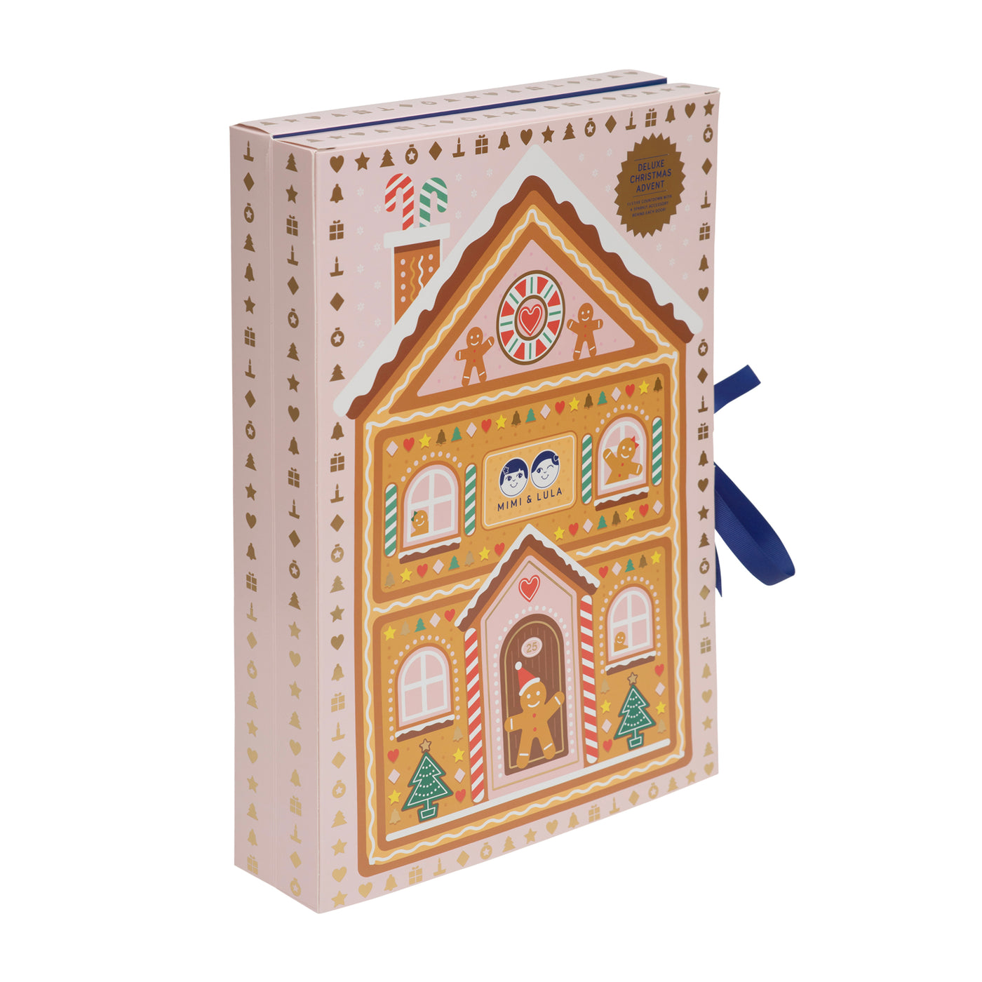 Selfridges x mimi and lula christmas advent calendar- gingerbread house blue satin bow gold christmas pattern
