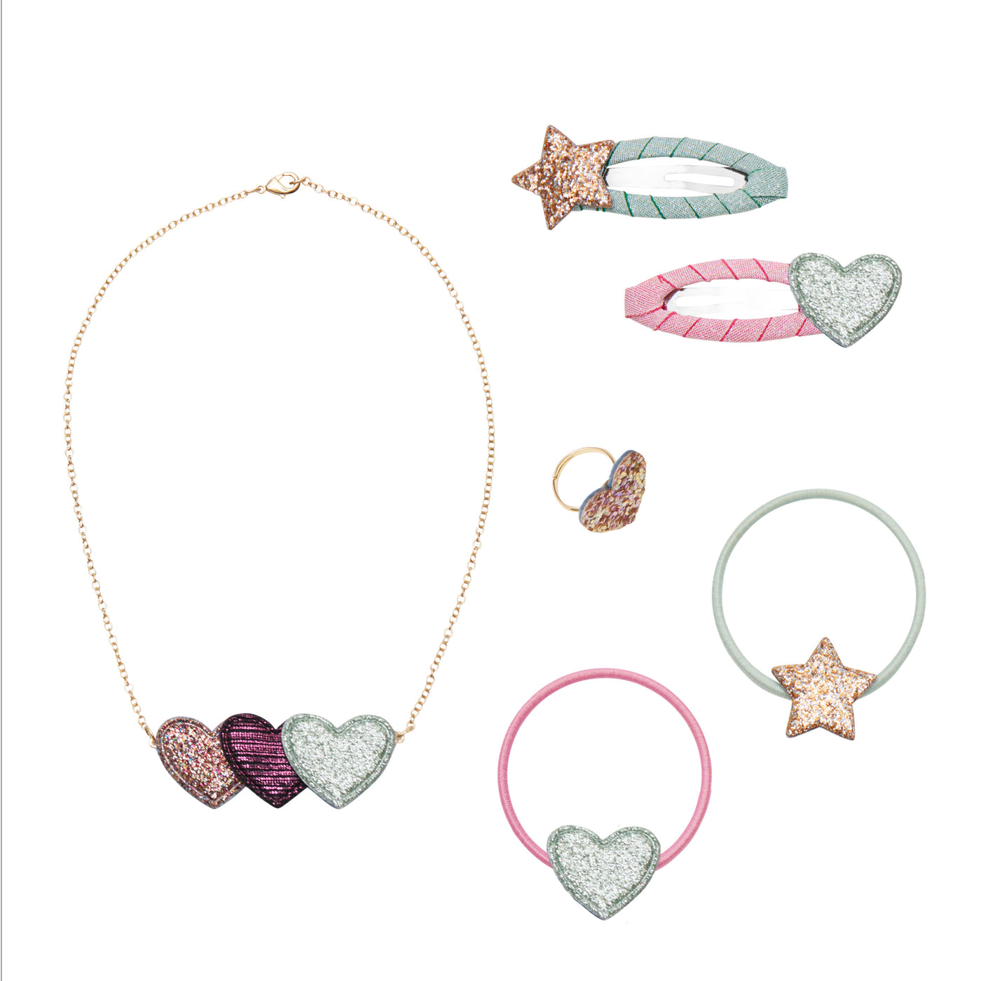 Mimi and Lula gifting cracker contents- Glittery heart necklace with 3 hearts in multi, deep purple and turquoise- Gold glittery heart ring- two hair bands with a glittery gold star and a turquoise heart- sparkly clic clac set with gold star and turquoise glittery heart